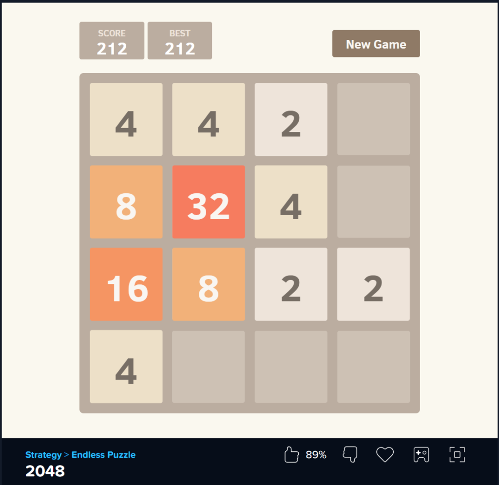 2048 game interface showing strategic tile movement.