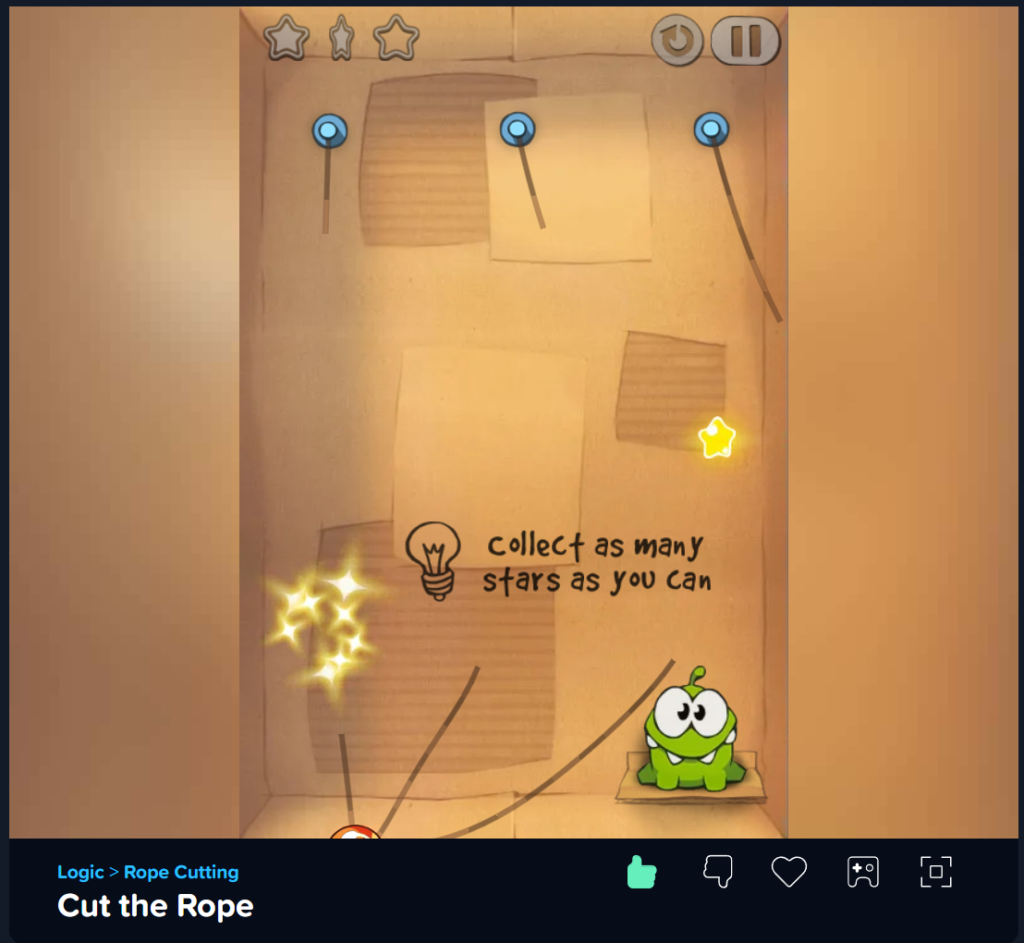 coolmathgames Cut the Rope gameplay with candy swinging towards Om Nom.